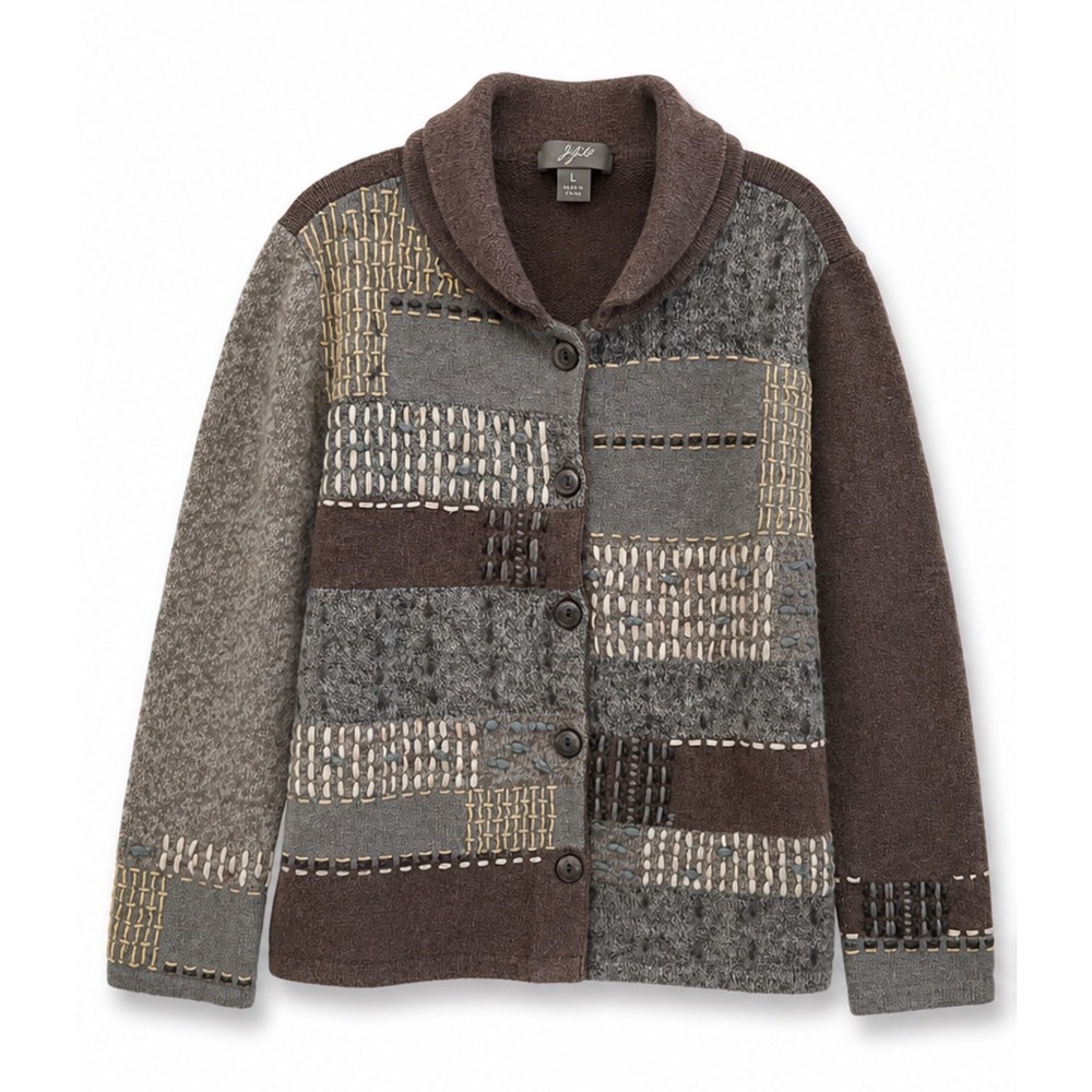J Jill Patchwork Embroidered Cardigan Sweater Boho Folk Art Shawl Collar Brown L